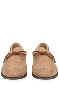 G.H. BASS men’s mocassino camp moc beige tan suede loafers with brown leather laces and stitched design