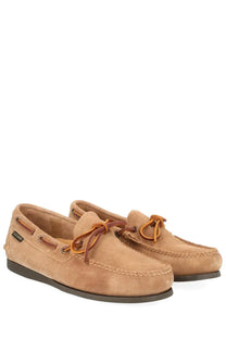 Tan suede g.h. bass men’s mocassino camp moc beige moccasin loafers with brown leather laces and black rubber sole