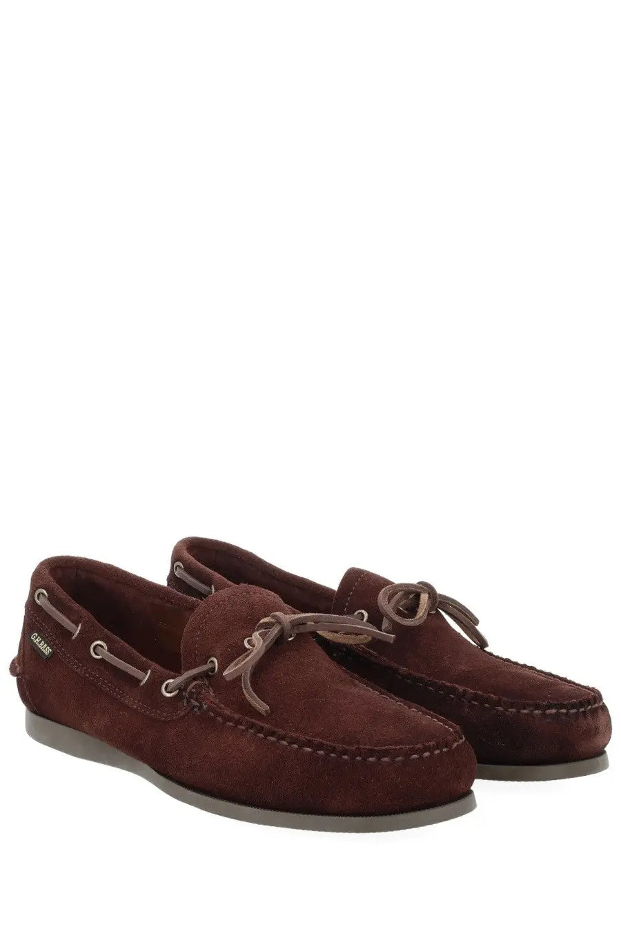 G H Bass men’s mocassino camp moc brown burgundy suede loafers with tan laces and silver eyelets