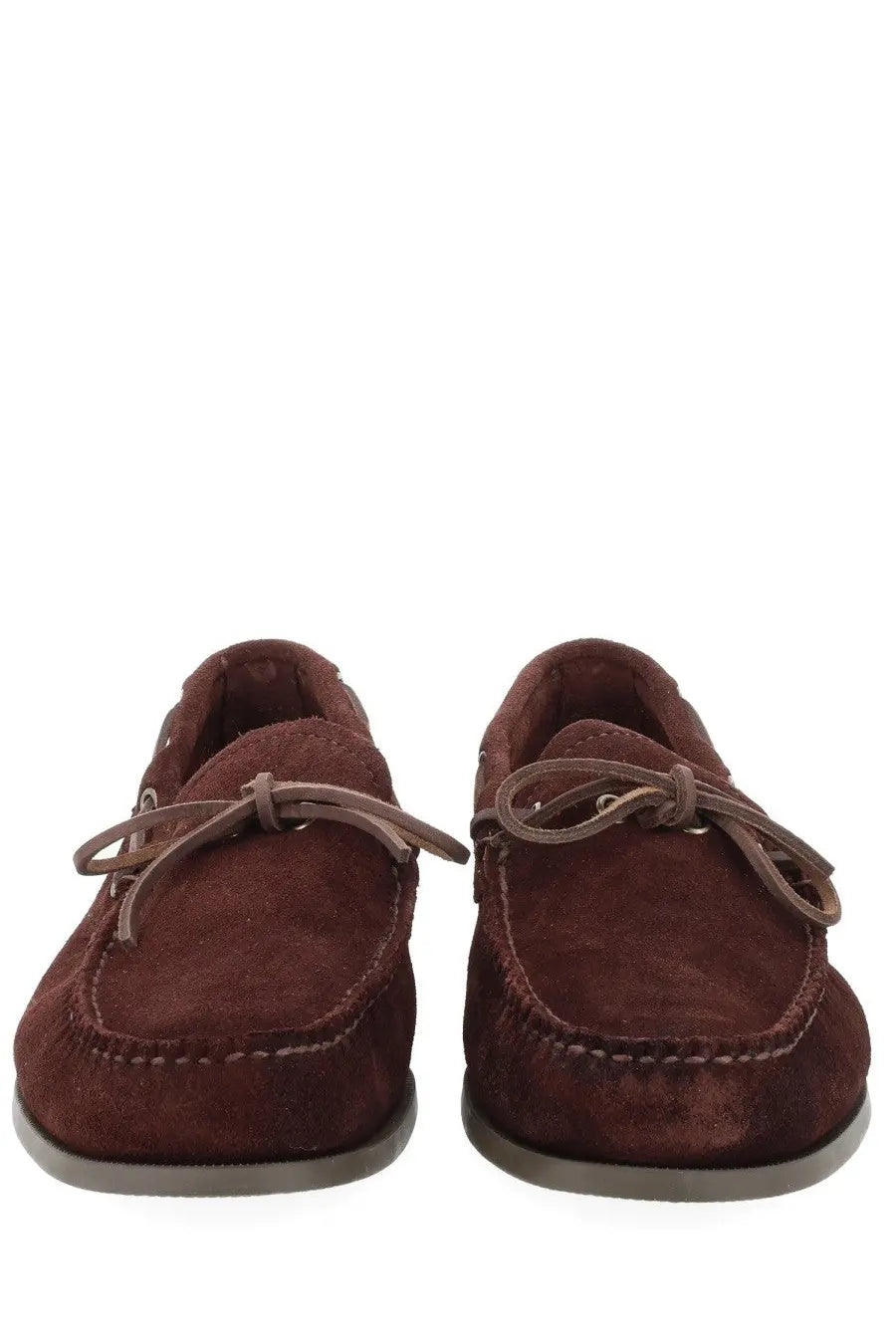 Brown suede moccasin loafers with matching laces and stitched detailing by G.H. Bass men’s mocassino camp moc