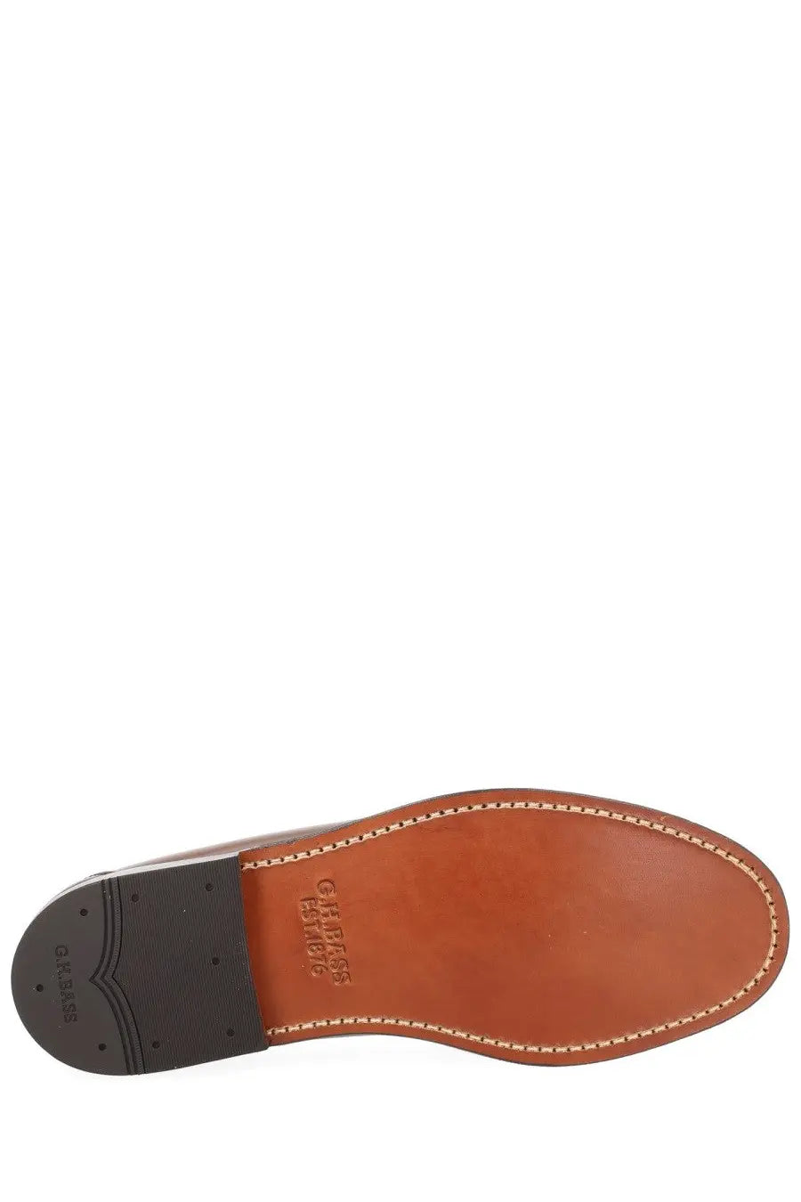 Brown leather sole with stitched edges and black rubber heel of gh bass mens mocassino weejun heritage larson brown shoe
