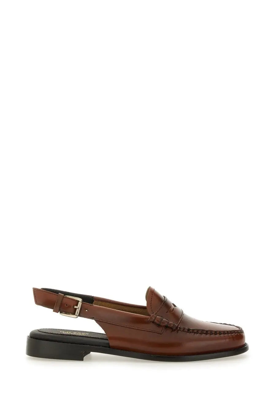 Brown leather loafers with slingback strap and stitched detailing in gh bass women’s moccasin weejun beige style
