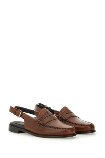 G H BASs women’s moccasin beige brown leather loafers with slingback strap and stitched detailing