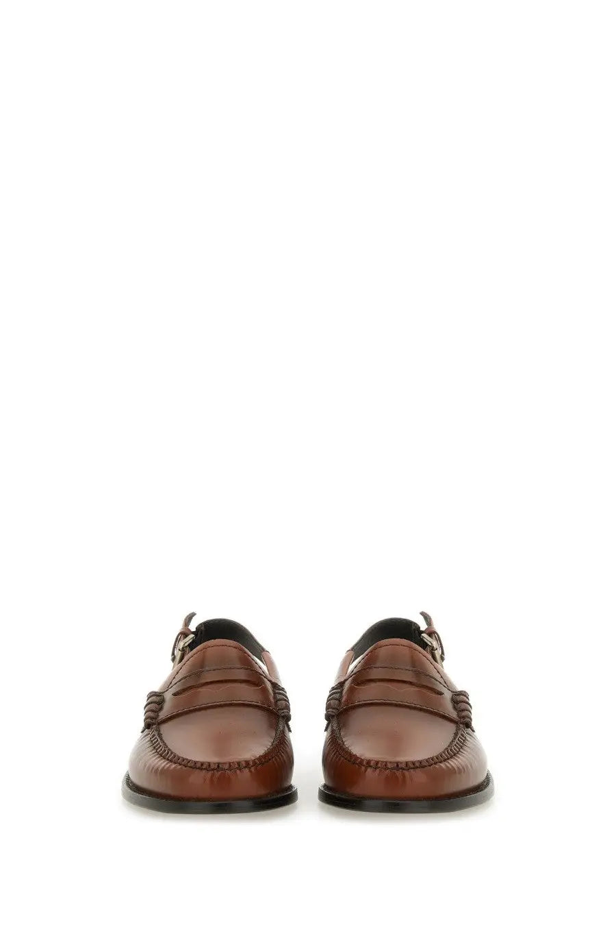 Brown leather loafers with classic moccasin design and black rubber soles from gh bass women’s moccasin weejun beige