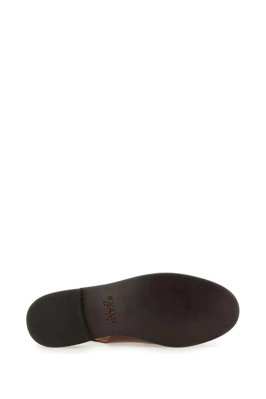 Brown leather sole with black rubber outsole and embossed logo on gh bass women’s moccasin weejun beige shoe