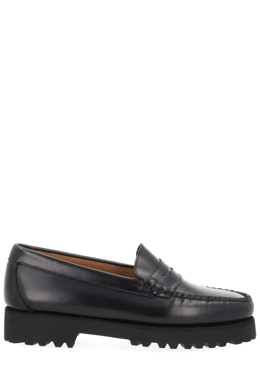 Black leather loafer with chunky textured sole and classic penny strap from g.h. bass womens moccasin weejuns 90s penny black