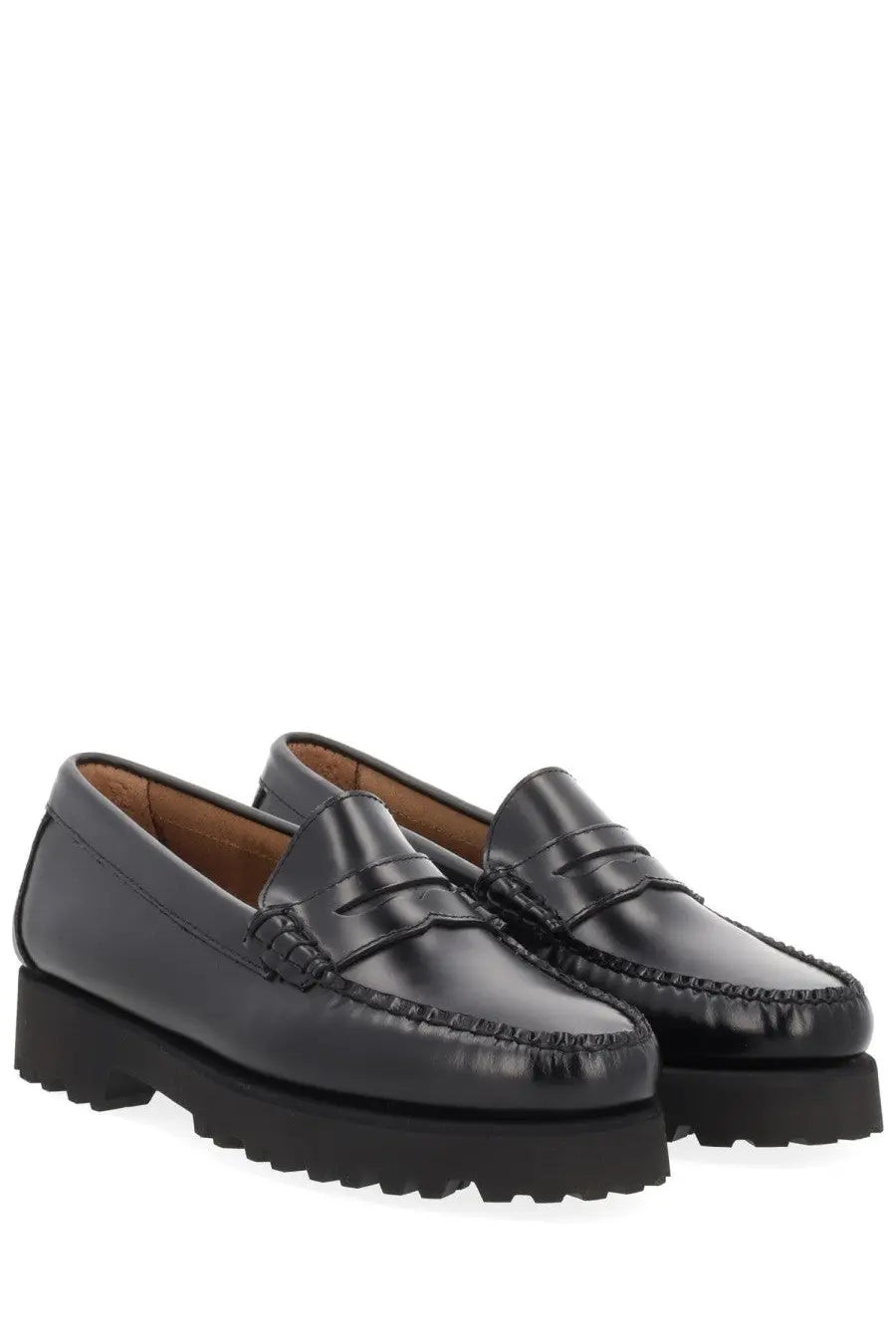 G.H. Bass women’s moccasin Weejuns 90S penny black black patent leather loafers with chunky textured rubber sole