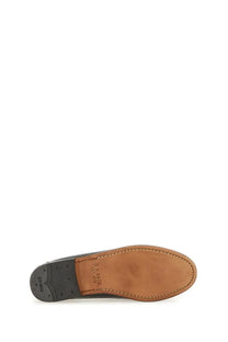 G.H. Bass women’s moccasin Weejuns Esther Kiltie black leather oxford shoe with tan sole and stitching