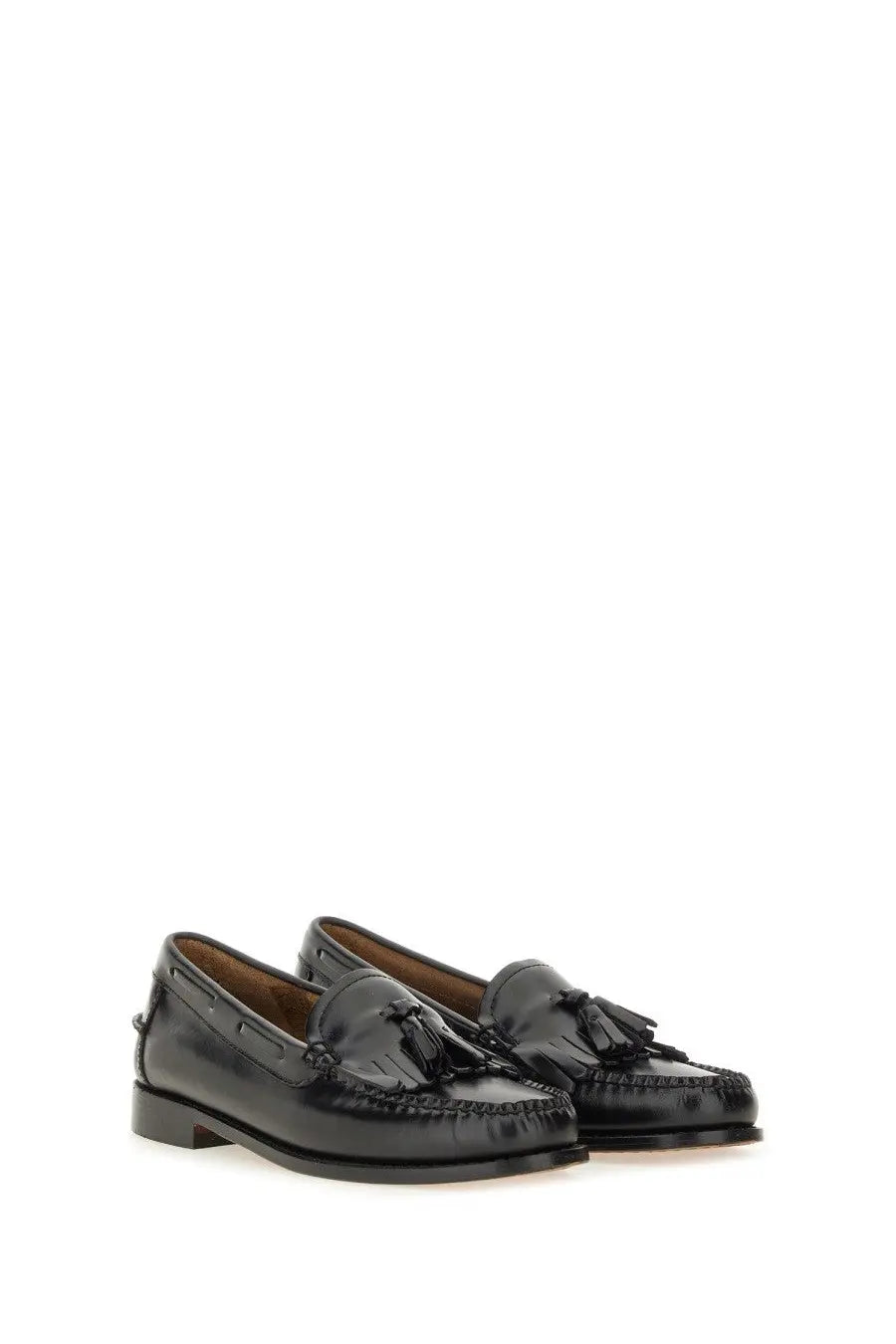 G.H. Bass women’s moccasin Weejuns Esther kiltie black patent leather tassel loafers with glossy stitched detailing