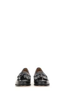 G H Bass women’s moccasin weejuns Esther kiltie black patent leather tassel loafers with glossy finish and stitching