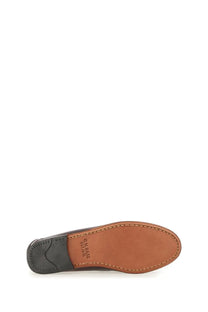 Tan leather sole with black rubber heel and stitched edges of G.H. BASS women’s moccasin Weejuns Esther Kiltie red