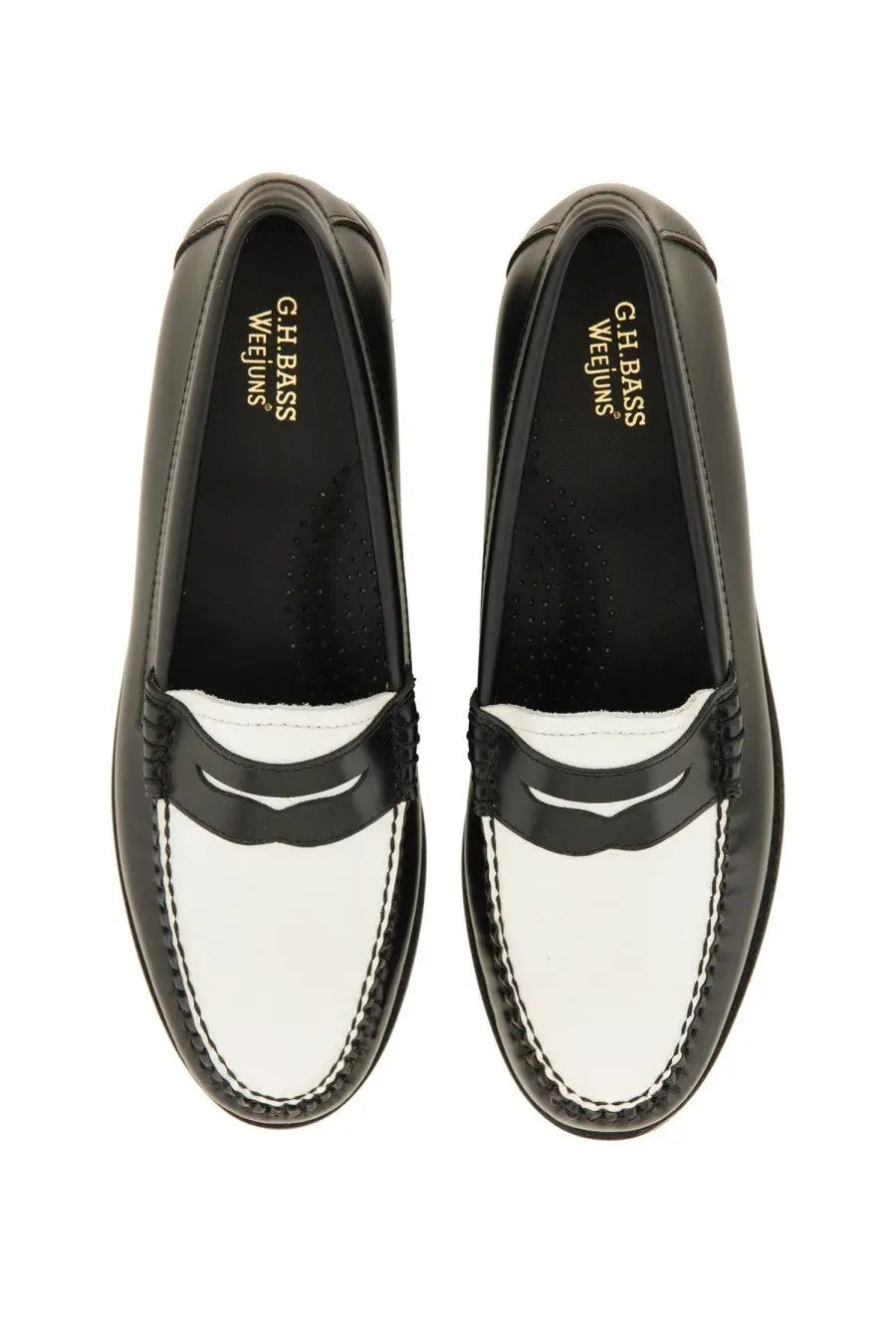 Black and white leather loafers with classic two-tone design and contrasting stitching from g.h. bass womens moccasin weejuns penny black