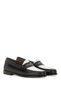 G.H. bass women’s moccasin weejuns penny black leather penny loafers in classic black and white two-tone design