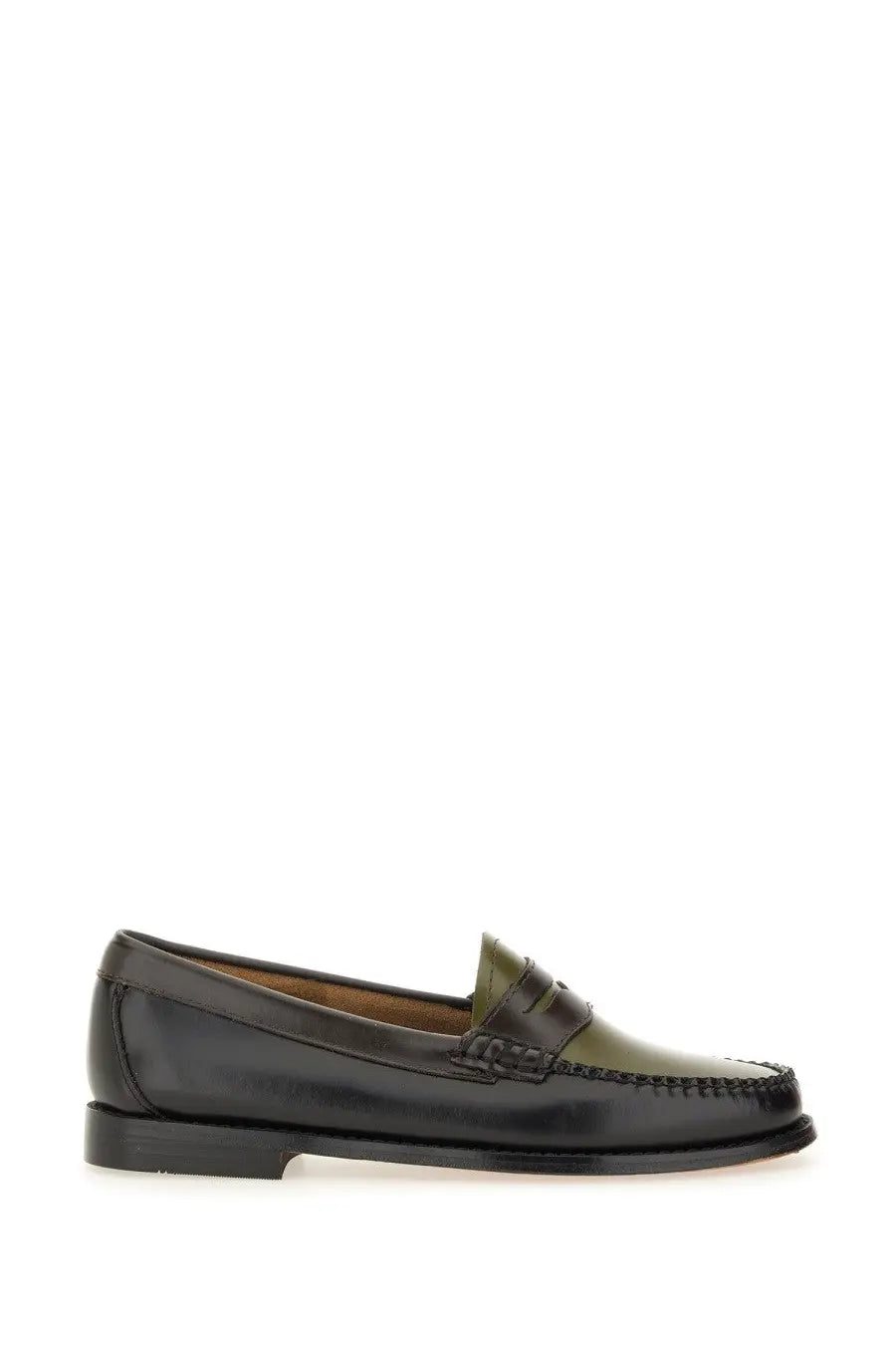 Black and olive green two-tone leather penny loafer with stitched toe cap from gh bass womens moccasin weejuns tricolour penny multicolor