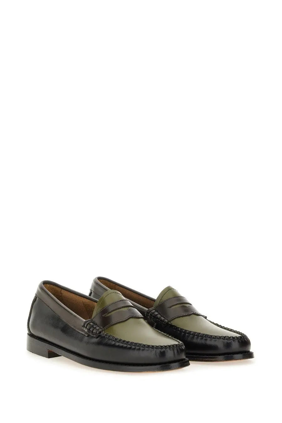 Black and olive green two tone leather loafers with classic moccasin design by g h bass womens moccasin weejuns tricolour penny