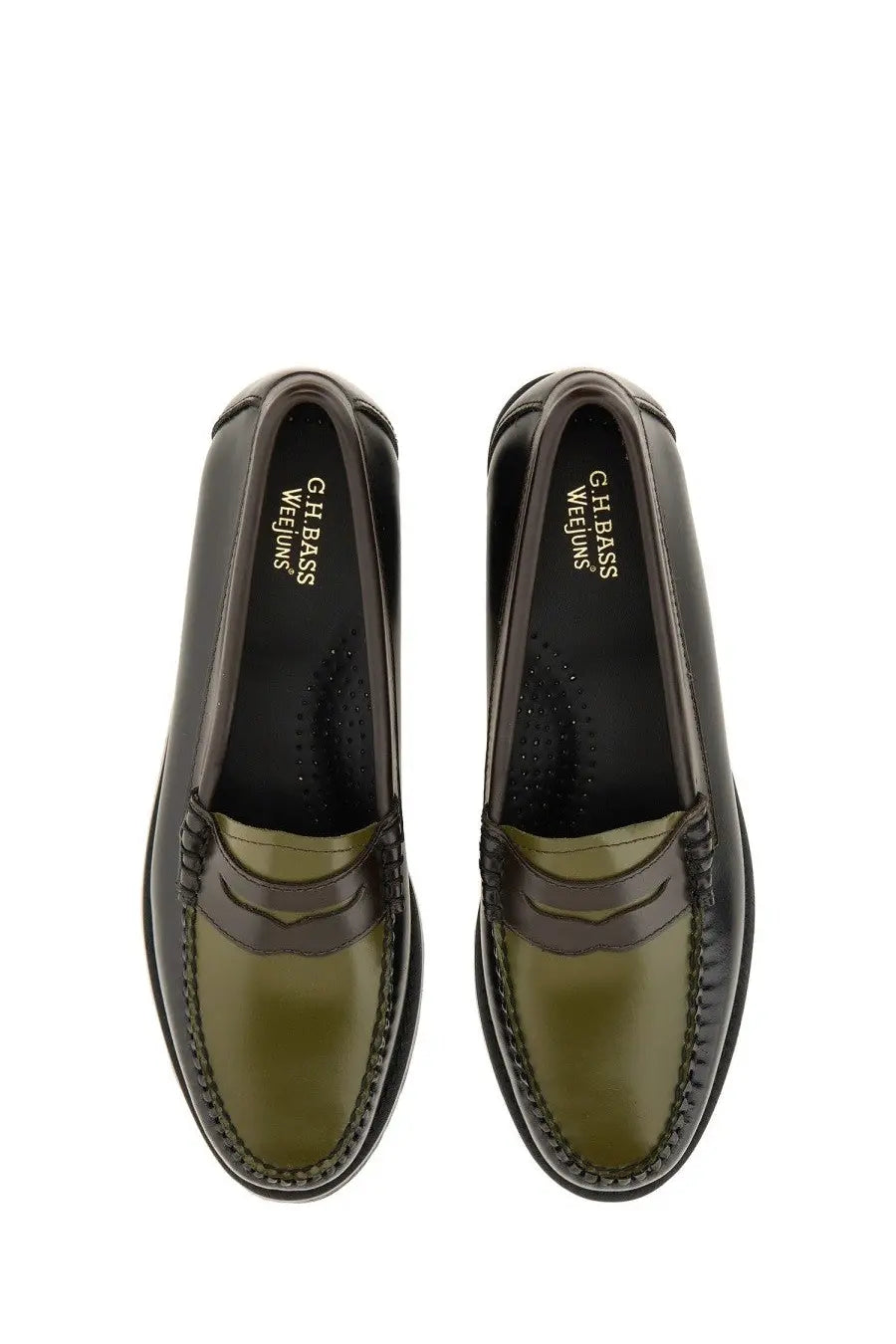 G.h. bass women’s moccasin weejuns tricolour penny loafers in olive green and dark brown leather with polished finish