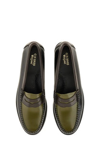 G.h. bass women’s moccasin weejuns tricolour penny loafers in olive green and dark brown leather with polished finish