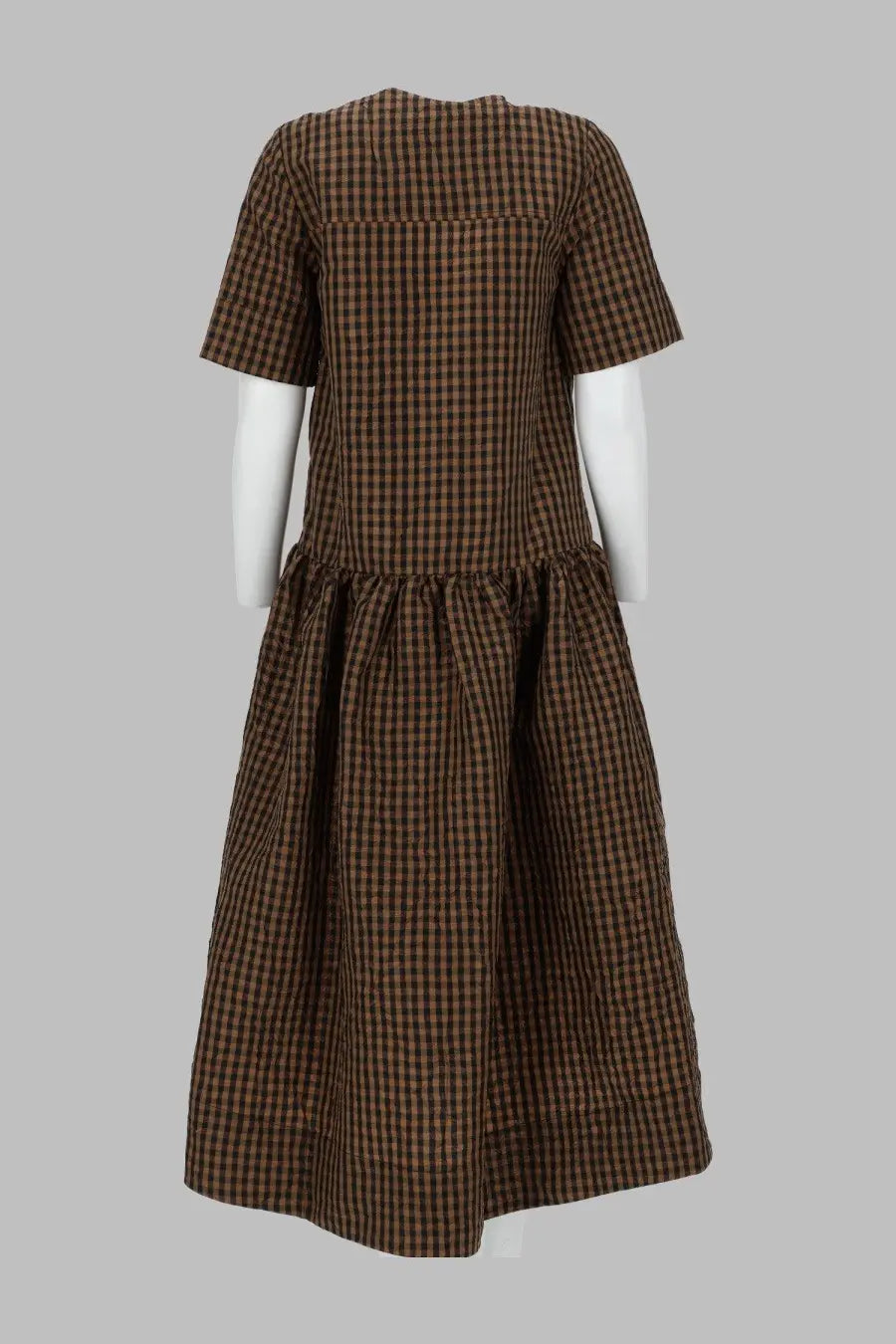 Ganni women’s abito con scollo brown brown and black checkered cotton dress with short sleeves and flared skirt