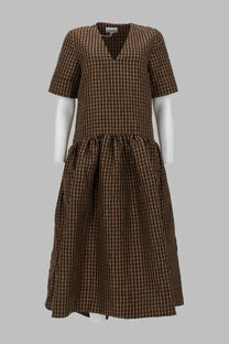 Ganni women’s abito con scollo brown dress with brown and black checkered pattern short sleeves gathered waist