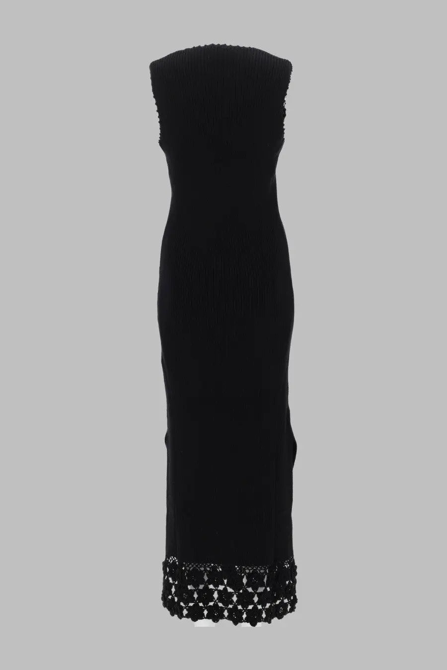 Ganni women’s abito lungo con bordo in crochet black sleeveless knit dress with fitted silhouette and lace trim hem