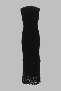 Ganni women’s abito lungo con bordo in crochet black sleeveless knit dress with fitted silhouette and lace trim hem