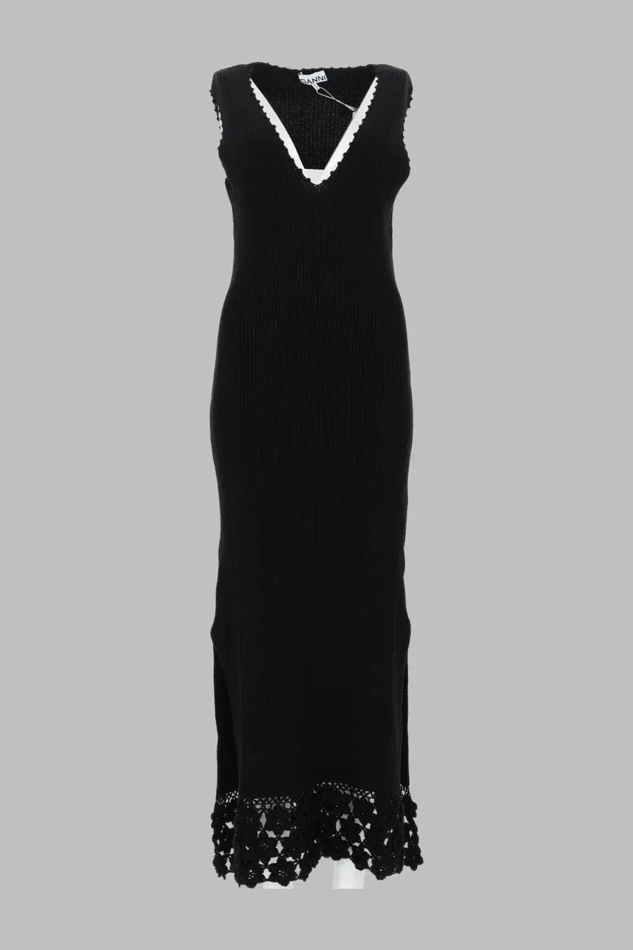 Ganni women’s black sleeveless knit maxi dress with white crochet v-neckline and lace detailing at hem