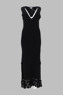 Ganni women’s black sleeveless knit maxi dress with white crochet v-neckline and lace detailing at hem