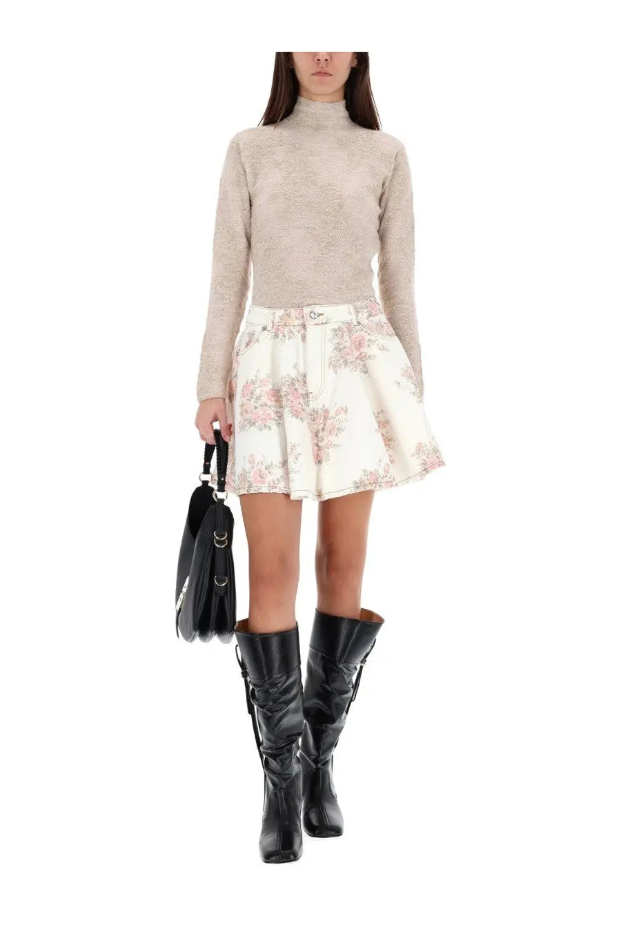 Black leather handbag with structured shape and dual top handles complementing ganni women’s beige alpaca blend sweater