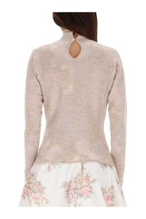 Ganni women’s alpaca blend sweater beige with delicate beige lace long sleeves and elegant keyhole back detail shown from back