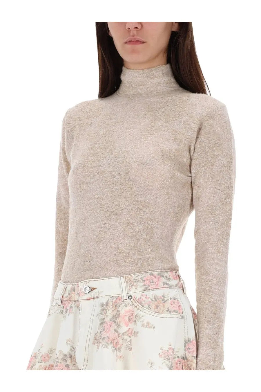 Beige lace long sleeve turtleneck top with subtle floral pattern in ganni women’s alpaca blend sweater beige