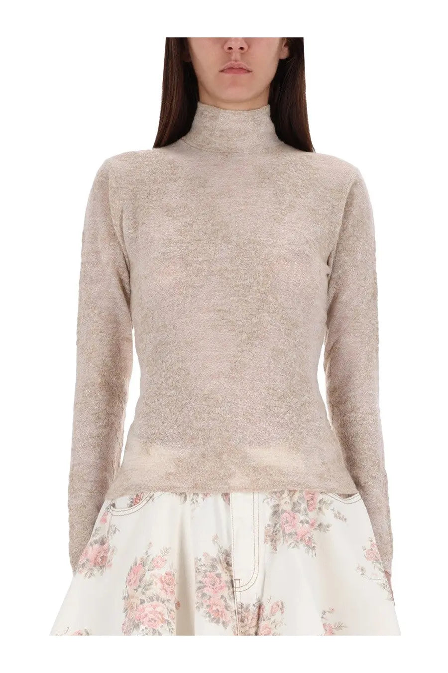 Ganni women’s alpaca blend sweater beige soft textured knit long-sleeved turtleneck pullover