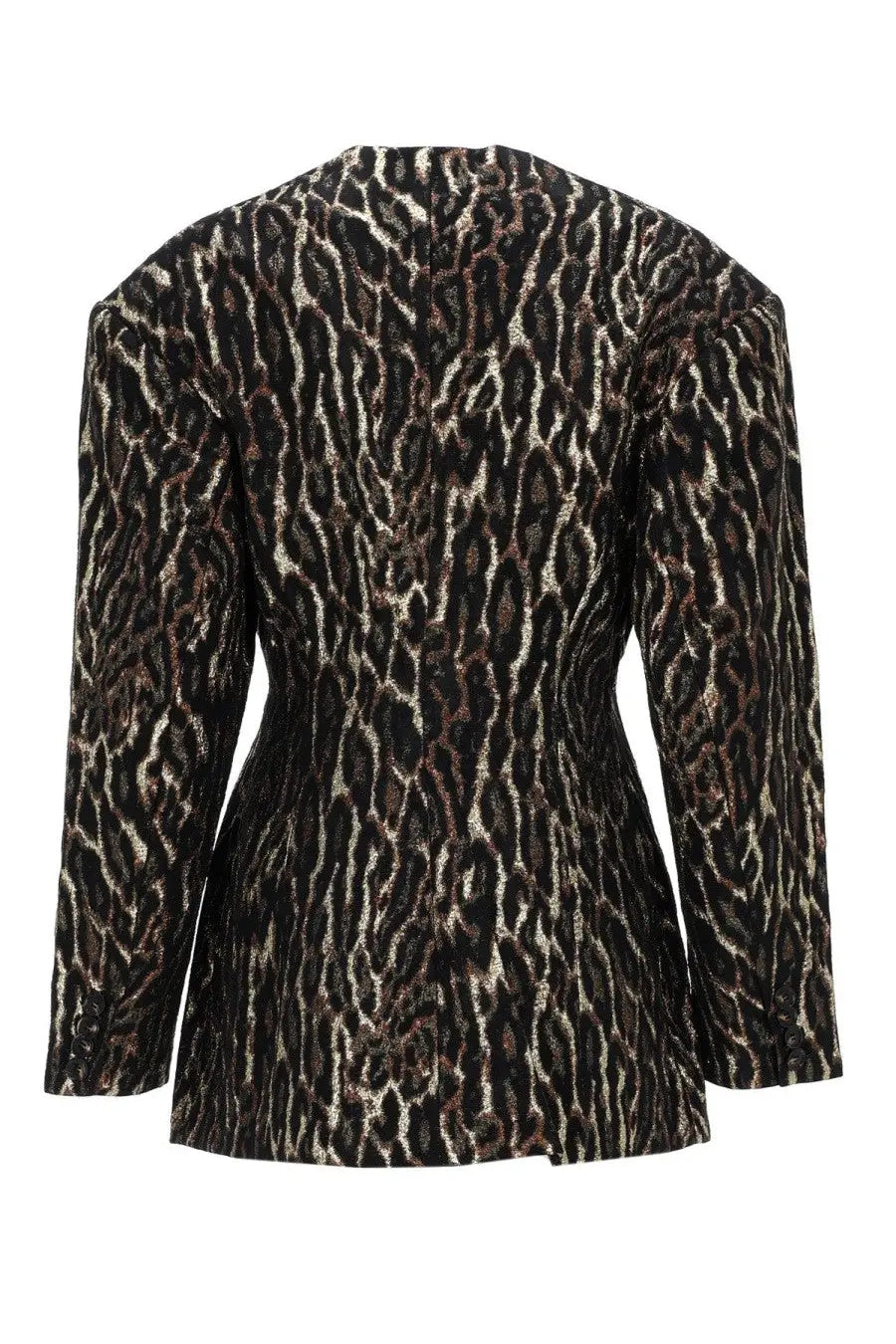 Ganni women’s black and gold leopard print blazer with a structured tailored fit perfect for stylish occasions