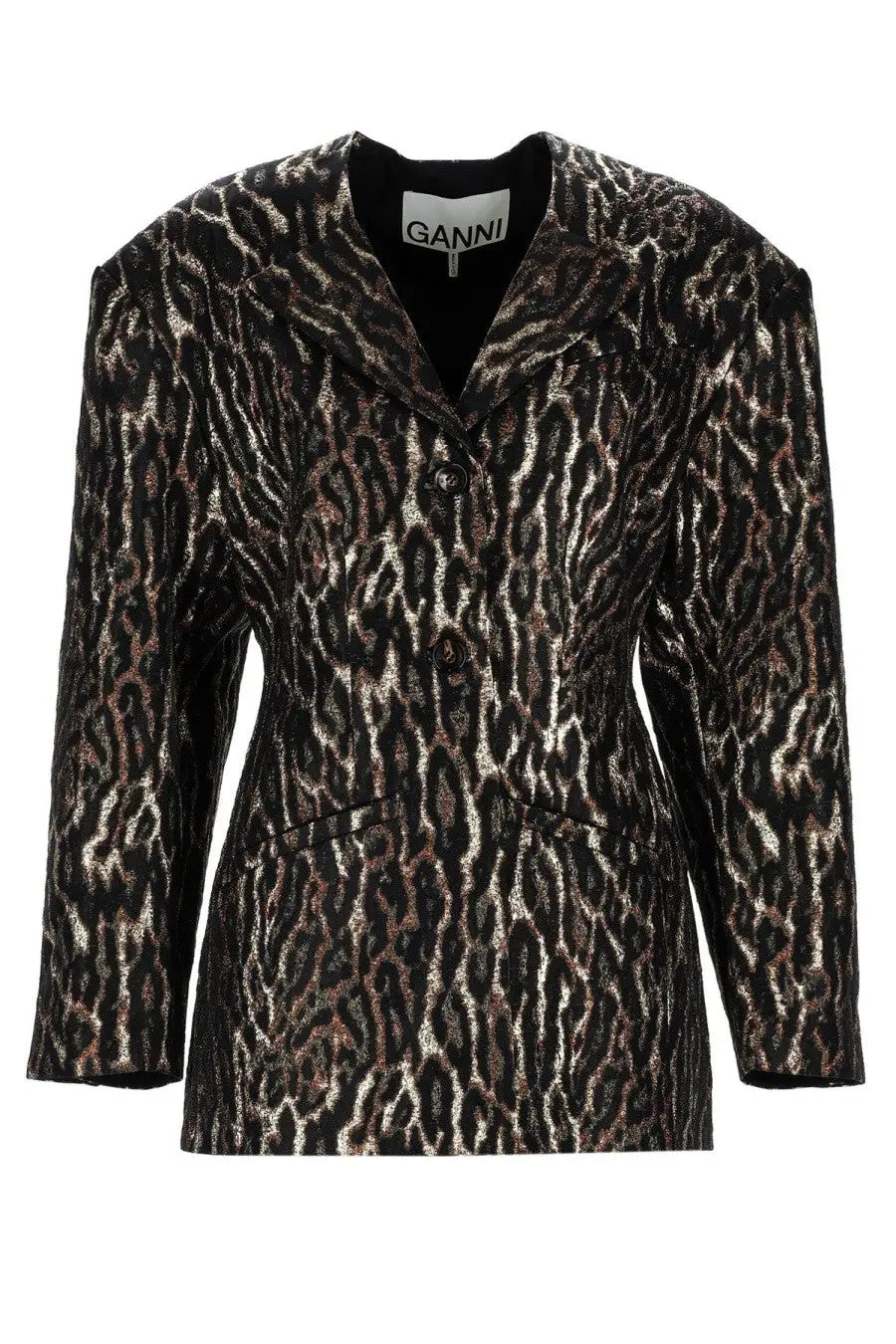 Black and silver leopard-print blazer by Ganni featuring an animal print pattern for women’s formal wear