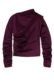 Ganni women’s articulated deep burgundy satin top with draped asymmetrical neckline and ruched long sleeves