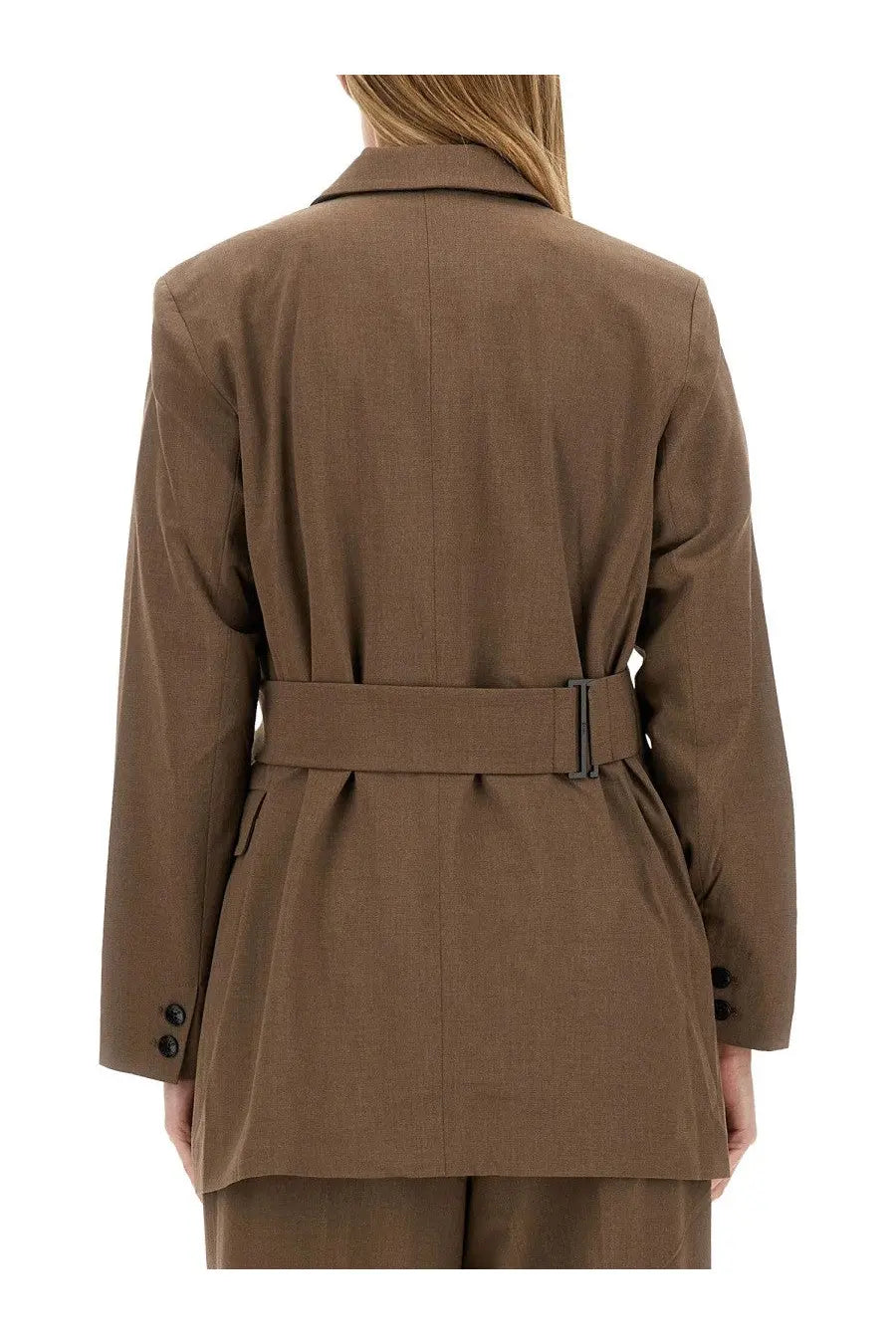 Ganni women’s brown belted asymmetrical blazer with a structured silhouette and subtle texture