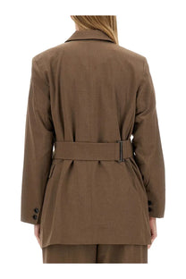 Ganni women’s brown belted asymmetrical blazer with a structured silhouette and subtle texture
