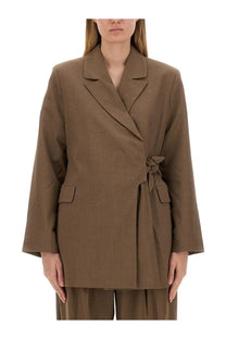 Ganni women’s asymmetrical blazer brown structured oversized with belted waist and notched lapels