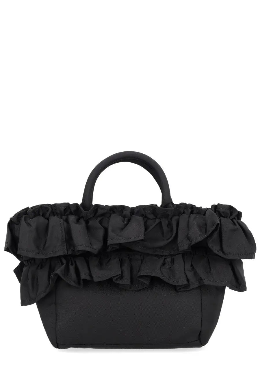 Ganni women’s black ruffled handbag with structured body and rounded top handle in leather material