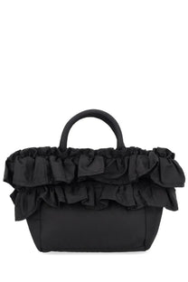 Ganni women’s black ruffled handbag with structured body and rounded top handle in leather material