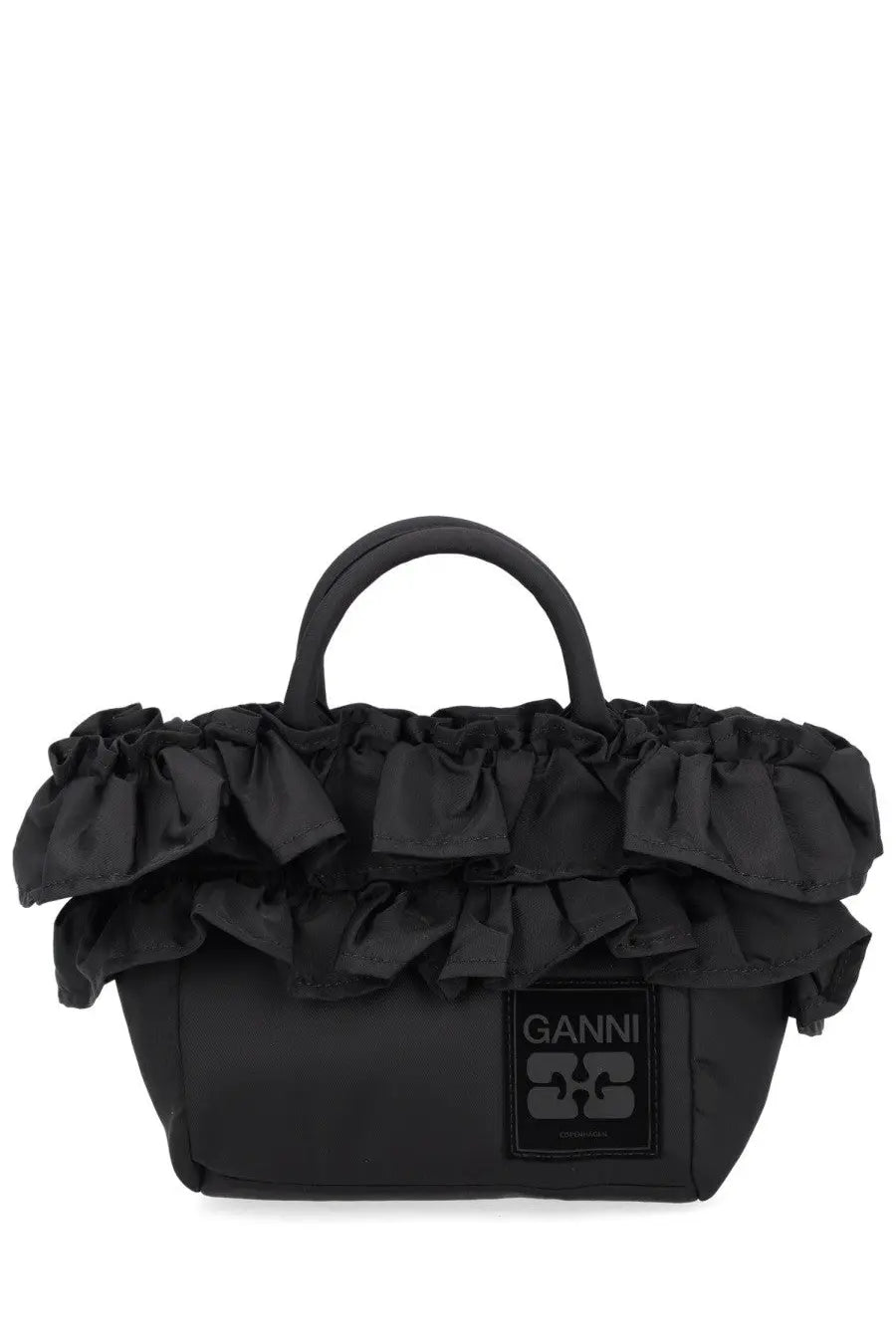 Black Ganni women’s tote bag with layered ruffled fabric and structured body ideal for everyday use