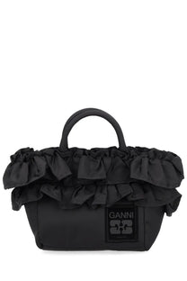 Black Ganni women’s tote bag with layered ruffled fabric and structured body ideal for everyday use