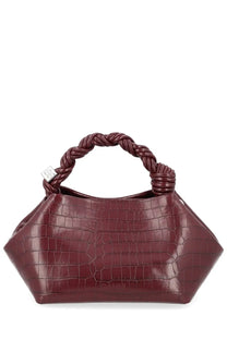Ganni women’s bag bou red burgundy crocodile embossed handbag with braided handle and silver logo tag