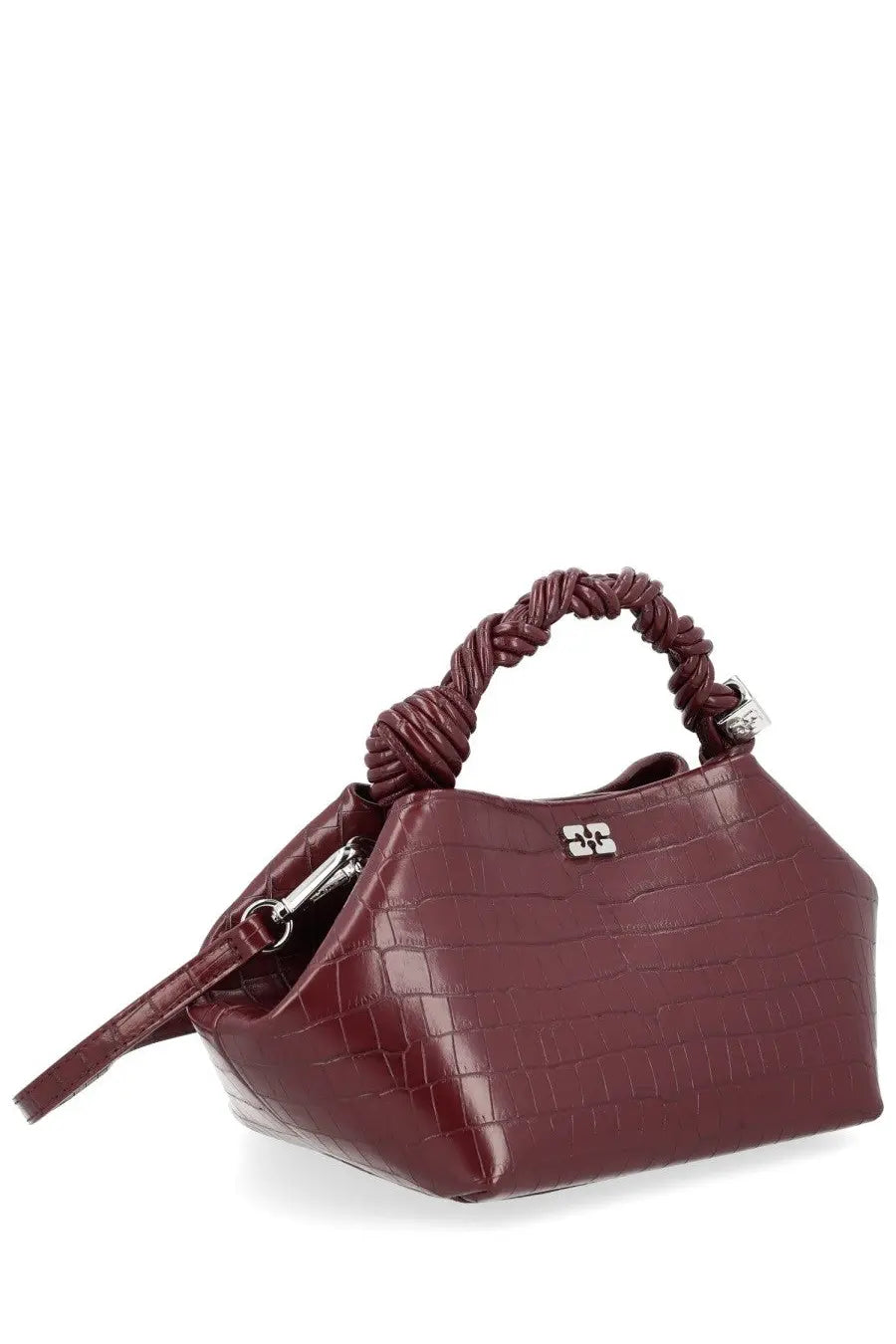 Ganni women’s bag bou red burgundy crocodile-embossed handbag with twisted leather handle and silver hardware