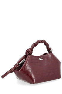 Ganni women’s bag bou red burgundy crocodile-embossed handbag with twisted leather handle and silver hardware
