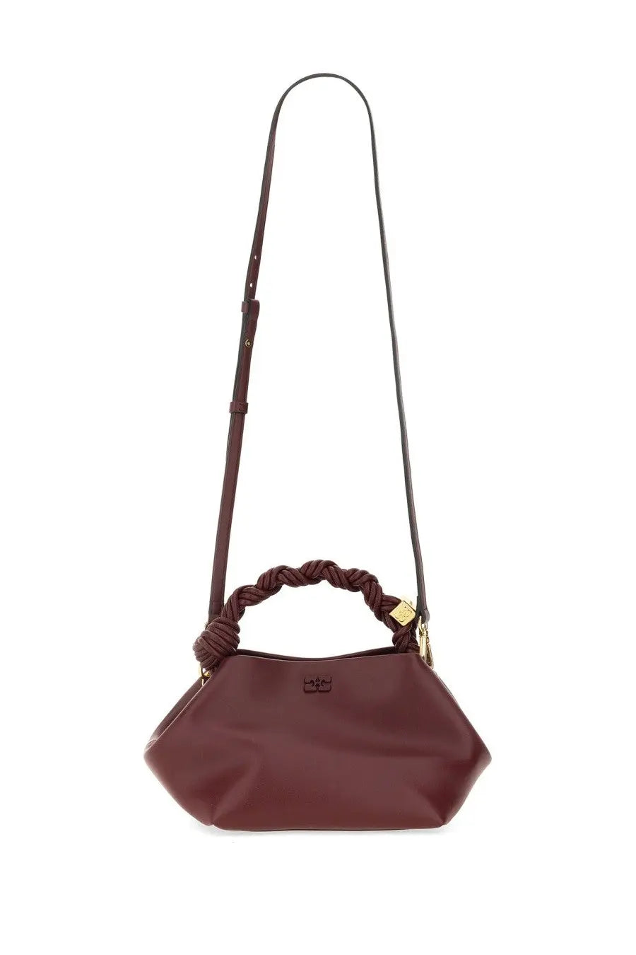 Ganni women’s bag bou small red burgundy leather handbag with braided handle and gold tone hardware