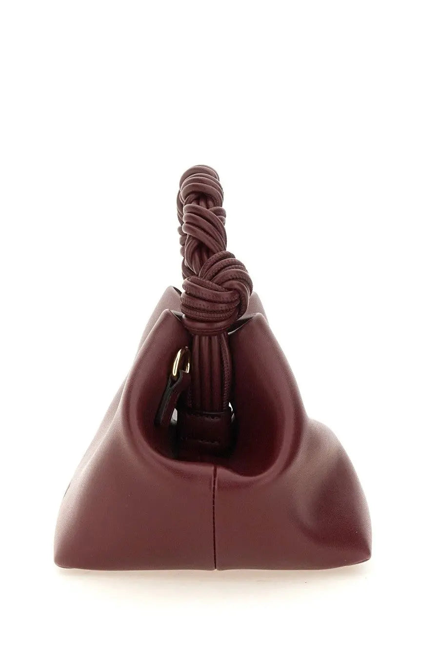 A sleek burgundy leather Ganni women’s bag bou small with a twisted rope handle and structured triangular shape