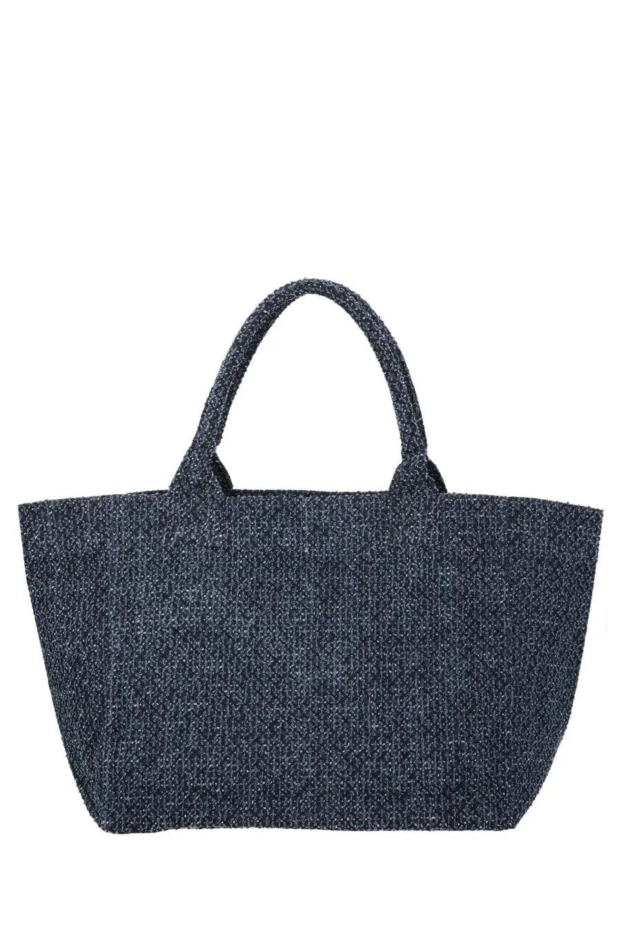 Dark blue textured tote bag with woven handles in medium size from Ganni women’s trapeze bear collection