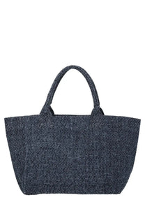 Dark blue textured trapeze tote bag with woven handles medium size by Ganni for women