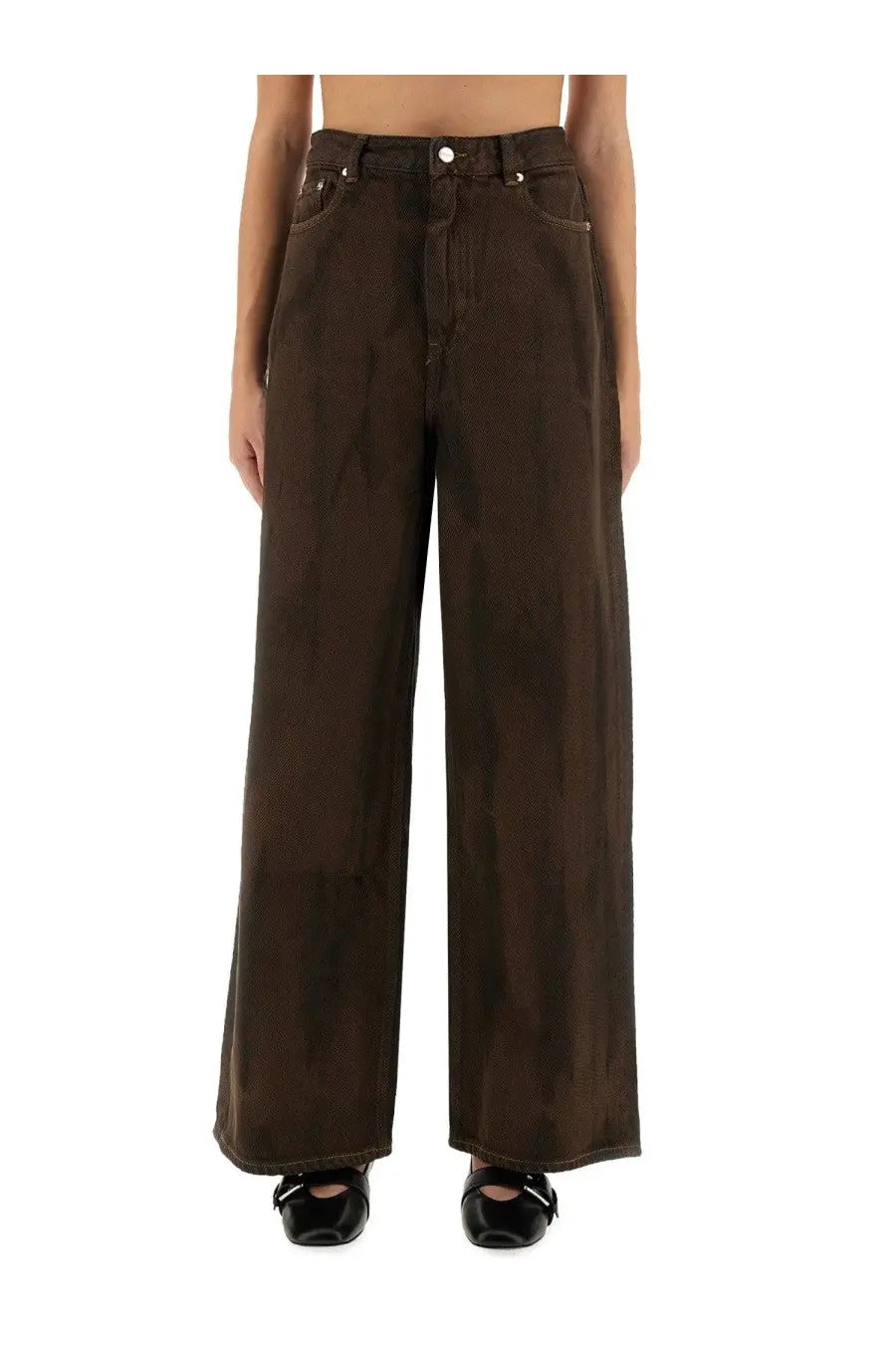 Ganni women’s baggy pants in dark brown wide-leg denim with high waist and classic five-pocket design