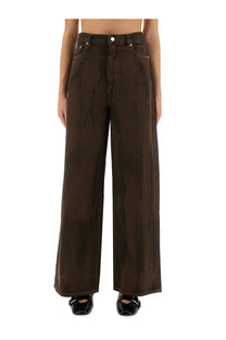 Ganni women’s baggy pants in dark brown wide-leg denim with high waist and classic five-pocket design